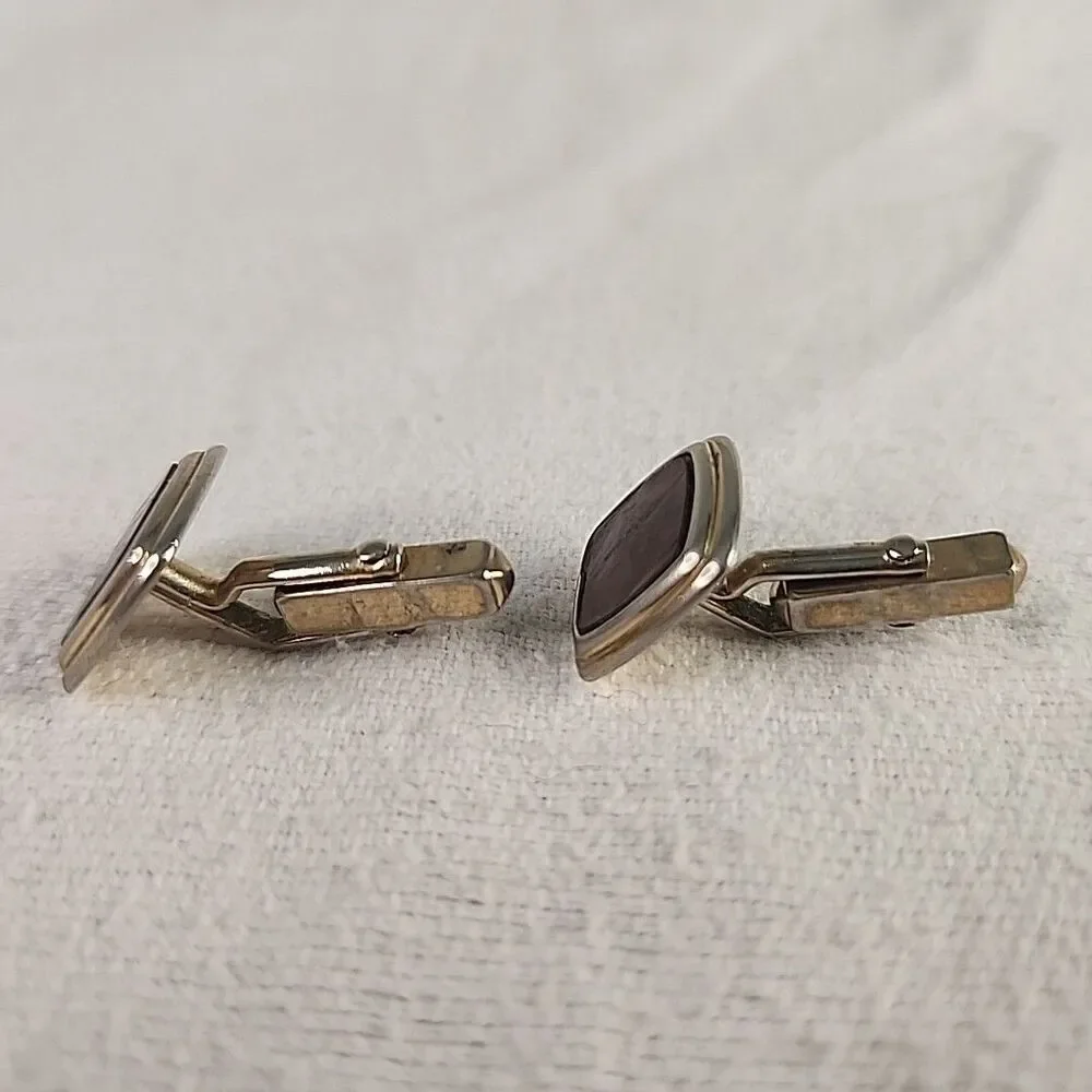 Cufflinks Men’s Square Bent Shaft Swank Brown Stone Gold Colored Jewelry VNTG